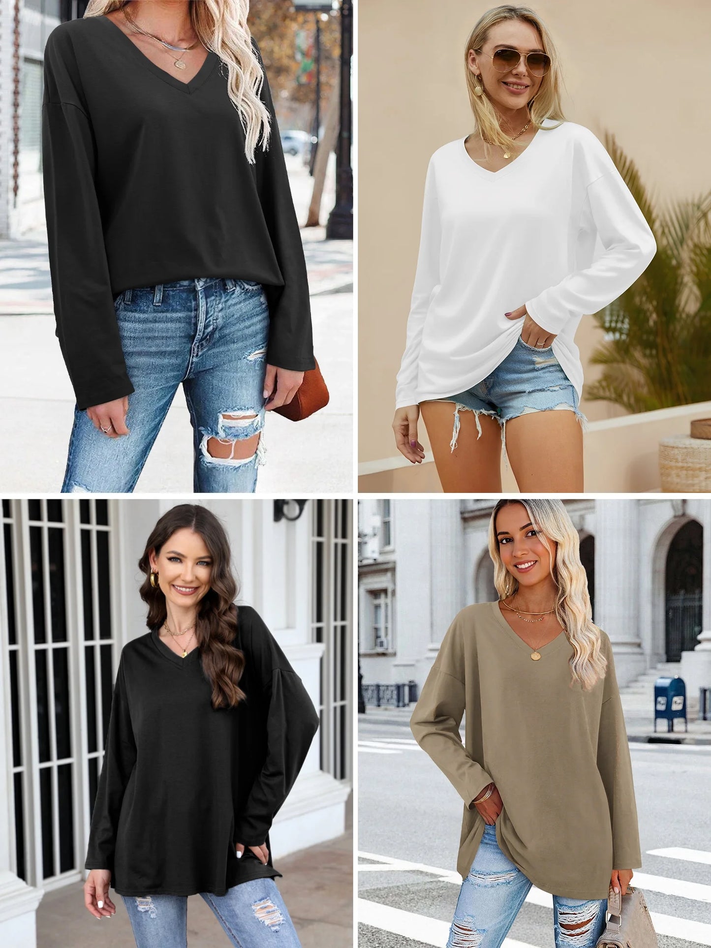 Womens Oversized Shirts Long Sleeve V Neck Blouse Casual Loose Tunic Tops Pullover Khaki M