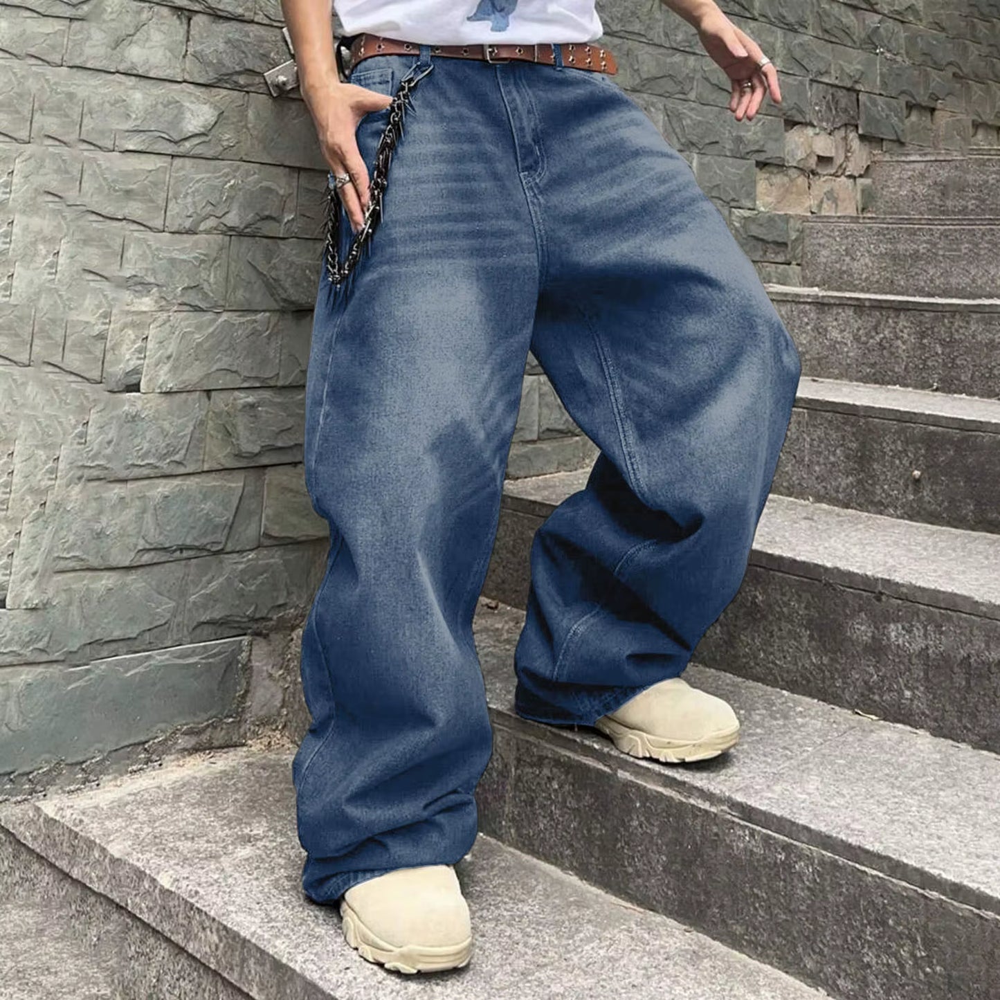 Men Baggy Denim Pants Wide Leg High Waist Belt Casual Trousers Loose plus Size Stylish Streetwear Men'S Hip Hop Streetwear