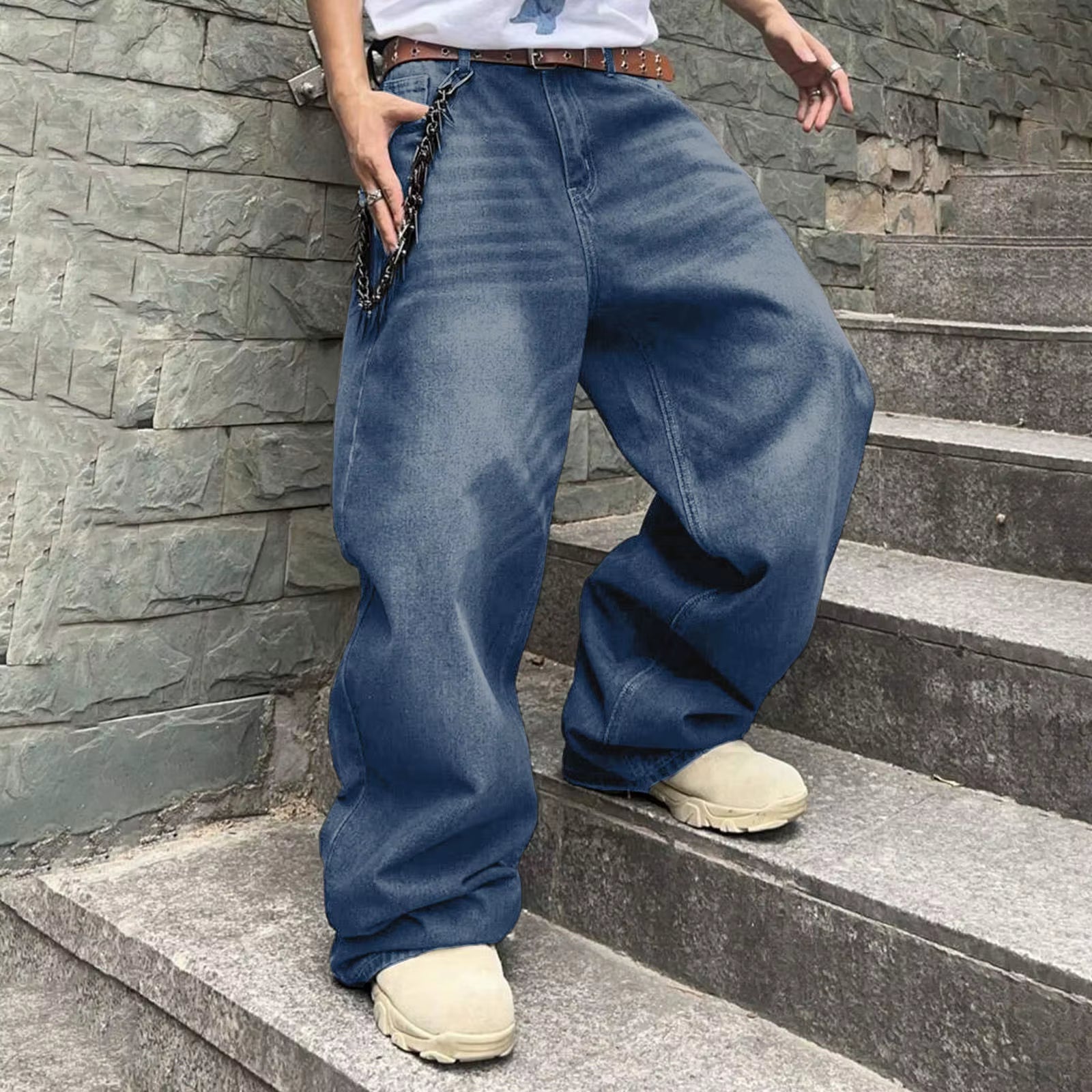 Men Baggy Denim Pants Wide Leg High Waist Belt Casual Trousers Loose plus Size Stylish Streetwear Men'S Hip Hop Streetwear