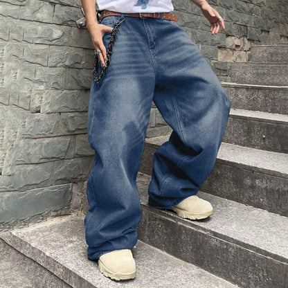 Men Baggy Denim Pants Wide Leg High Waist Belt Casual Trousers Loose plus Size Stylish Streetwear Men'S Hip Hop Streetwear