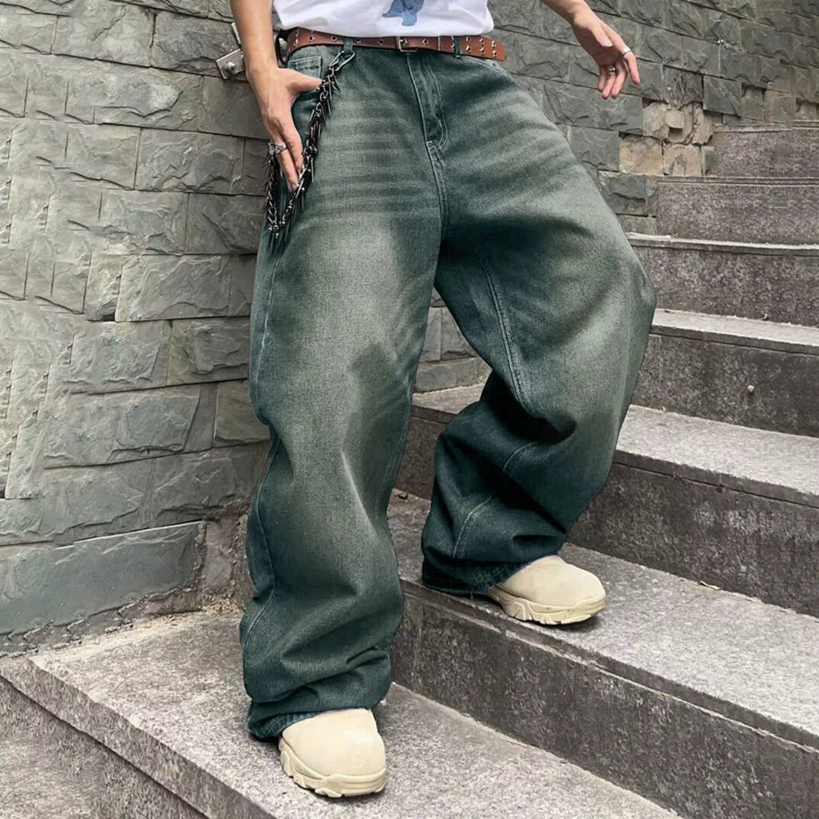 Men Baggy Denim Pants Wide Leg High Waist Belt Casual Trousers Loose plus Size Stylish Streetwear Men'S Hip Hop Streetwear