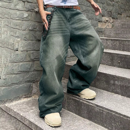 Men Baggy Denim Pants Wide Leg High Waist Belt Casual Trousers Loose plus Size Stylish Streetwear Men'S Hip Hop Streetwear