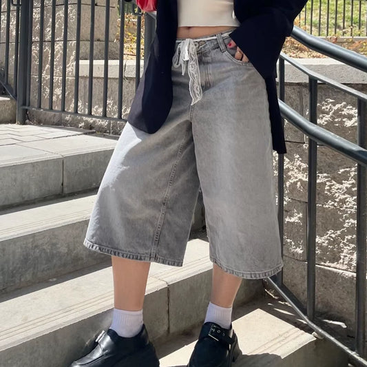 Women'S Trendy Knee Length Denim Shorts Low Waisted Stretchy Bermuda Jean Shorts Baggy Cargo Jorts Y2K Vintage Streetwear