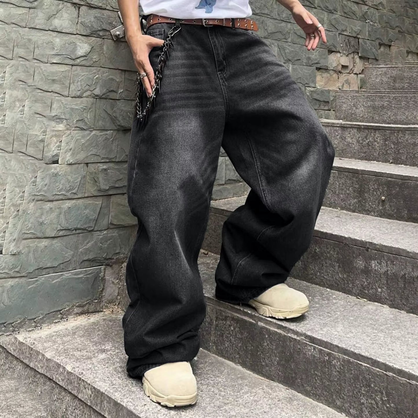 Men Baggy Denim Pants Wide Leg High Waist Belt Casual Trousers Loose plus Size Stylish Streetwear Men'S Hip Hop Streetwear