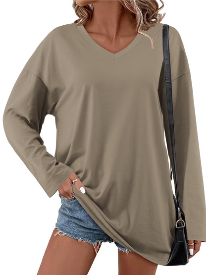 Womens Oversized Shirts Long Sleeve V Neck Blouse Casual Loose Tunic Tops Pullover Khaki M