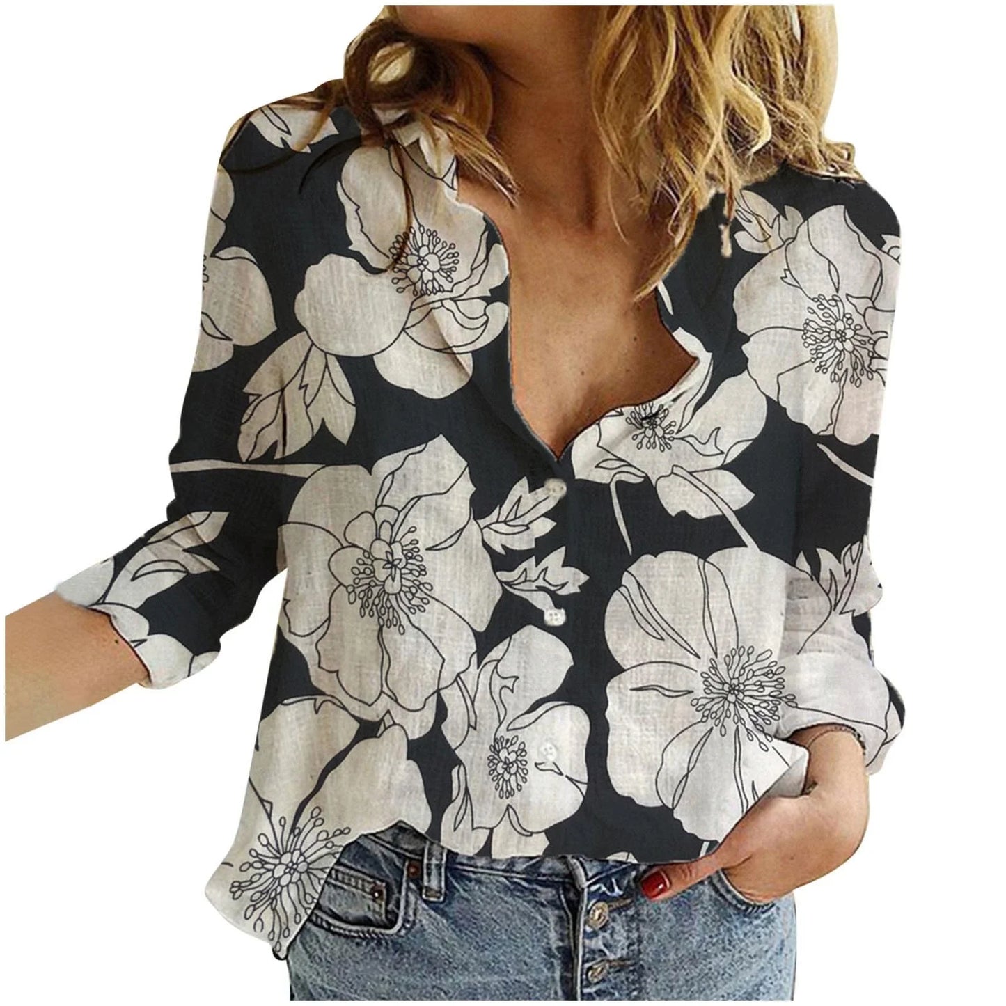 Sunflower Print Button up Shirt Women Lapel V Neck Long Sleeve Button down Blouses Tops Casual Cotton Linen T-Shirts