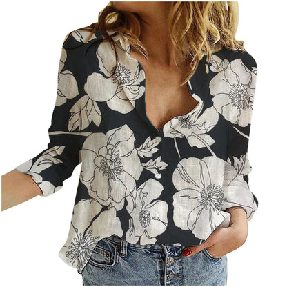 Sunflower Print Button up Shirt Women Lapel V Neck Long Sleeve Button down Blouses Tops Casual Cotton Linen T-Shirts