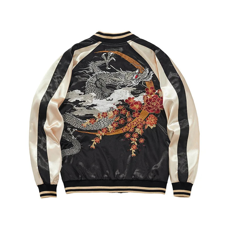 Sukajan Baseball Bomber Men Jacket Satin Luxury Drogan Embroidery Coat Spring Autumn Japan Streetwear 2024 Z1